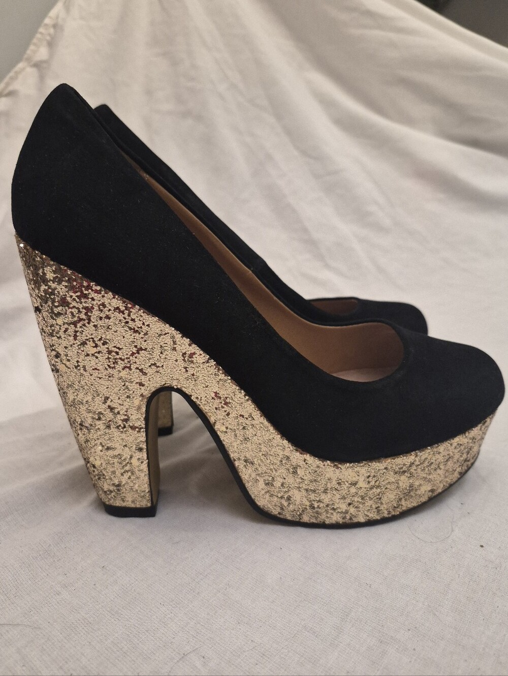 Shellys London Black Suede Platform Pumps Size 9 | Gold Glitter Heel